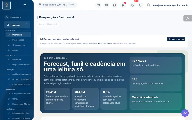 Tela Dashboard comercial do Escalando OS