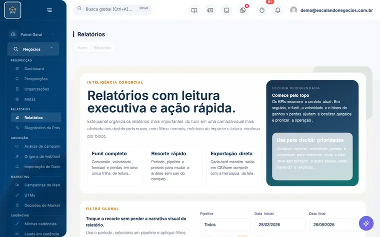 Tela Relatórios comerciais do Escalando OS
