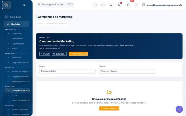 Tela Campanhas de marketing do Escalando OS