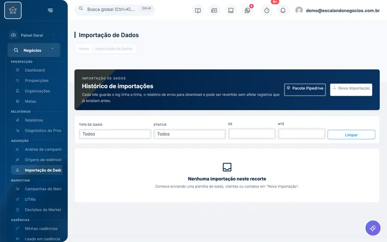 Tela Importação de dados do Escalando OS