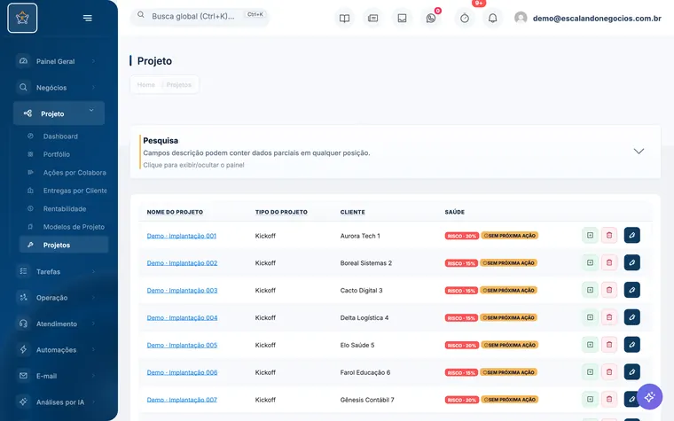 Tela Lista de projetos do Escalando OS