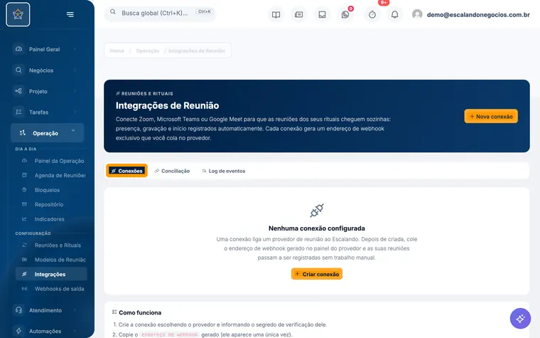 Tela Integrações do Escalando OS
