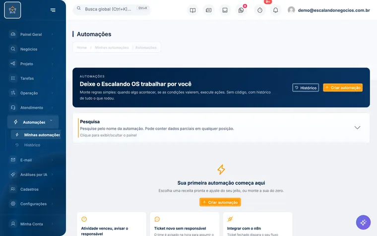 Tela Automações do Escalando OS