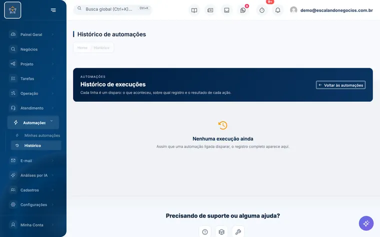 Tela Histórico de automações do Escalando OS