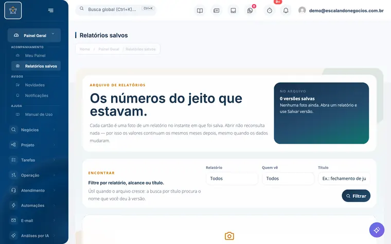 Tela Relatórios salvos do Escalando OS